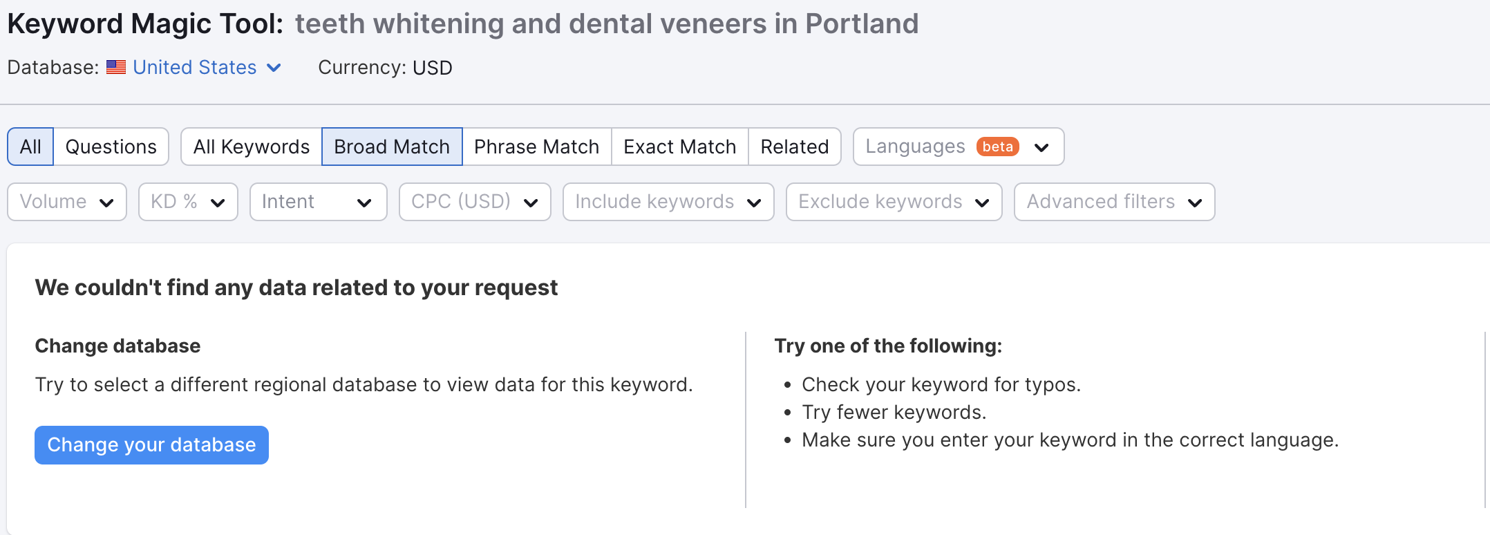Example of zero-searched keyword in dental industry